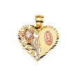 14K White Gold 3Color Heart W/Flower Guadalupe Pendant