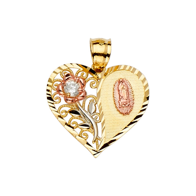 14K White Gold 3Color Heart W/Flower Guadalupe Pendant