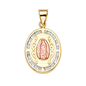 14K Yellow Gold CZ 3Color Guadalupe Medal Pendant