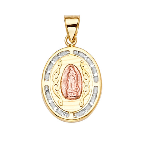 14K Yellow Gold CZ 3Color Guadalupe Medal Pendant
