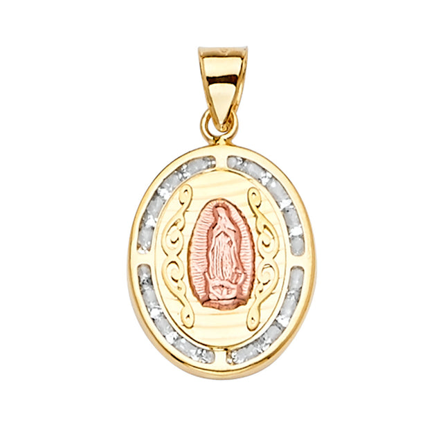 14K Yellow Gold CZ 3Color Guadalupe Medal Pendant