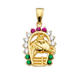 14K Yellow Gold Multicolor Horse Head in Horseshoe Pendant