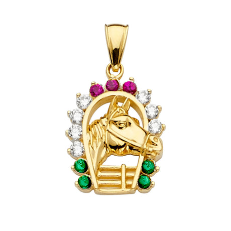 14K Yellow Gold Multicolor Horse Head in Horseshoe Pendant