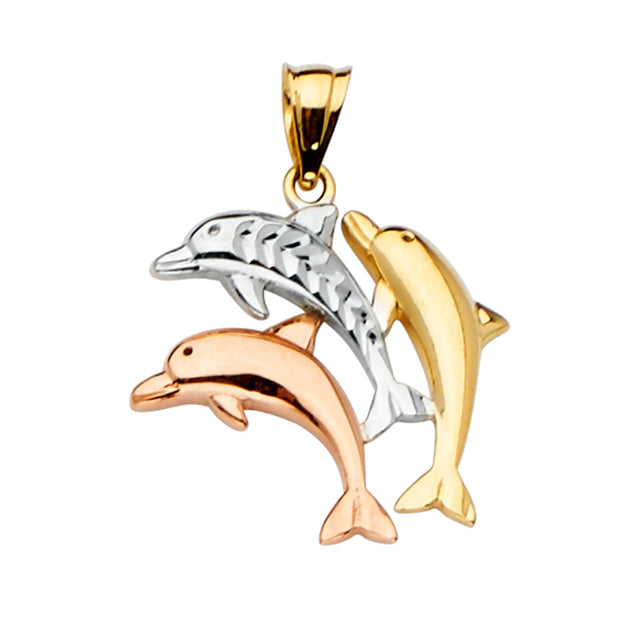 14K Tricolor Gold Three Dolphins Pendant