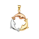 14K Tricolor Gold Two Dolphins in Circle Pendant