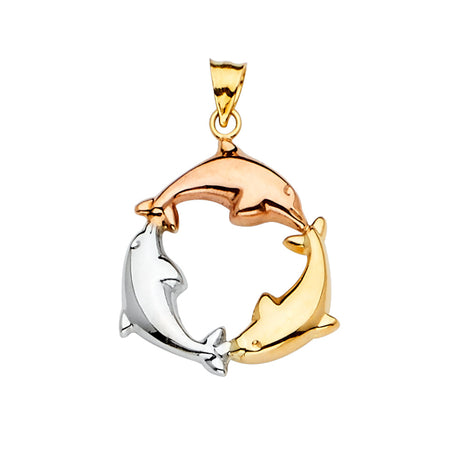 14K Tricolor Gold Two Dolphins in Circle Pendant