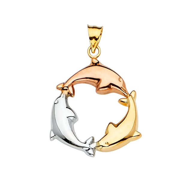 14K Tricolor Gold Two Dolphins in Circle Pendant