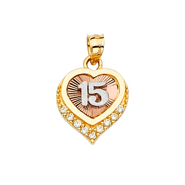 14K Tricolor Gold CZ 15 Years Pendant