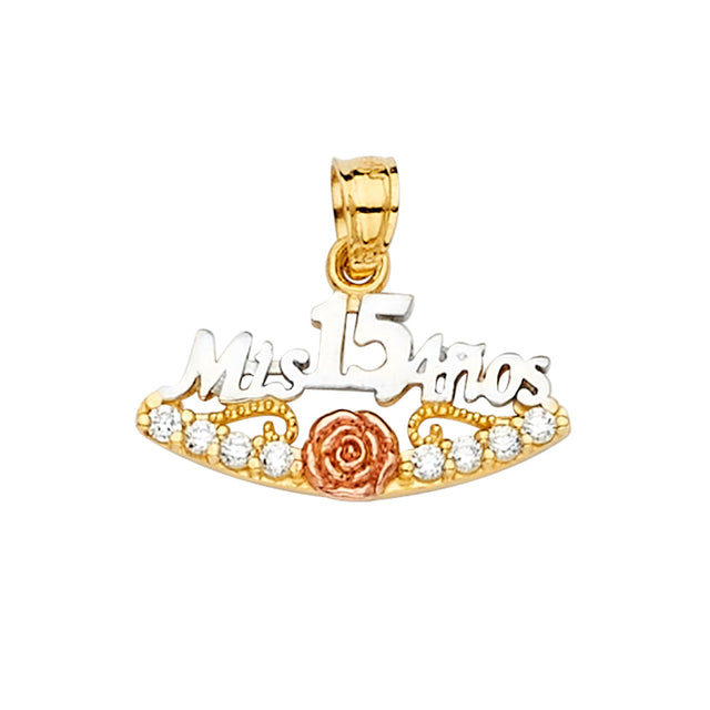 14K Tricolor Gold CZ 15 Years Pendant