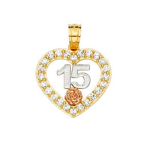 14K Tricolor Gold CZ 15 Years Pendant