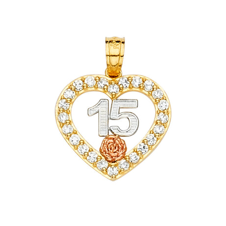 14K Tricolor Gold CZ 15 Years Pendant