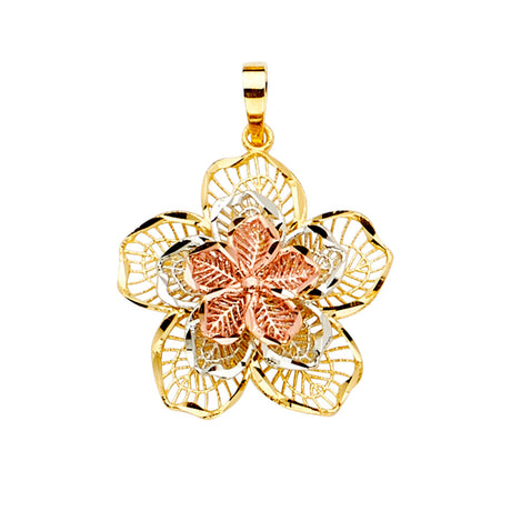 14K Tricolor Gold Filigree Plumeria Flower Pendant