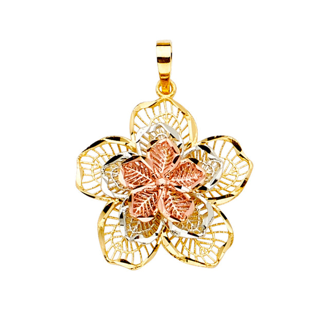 14K Tricolor Gold Filigree Plumeria Flower Pendant