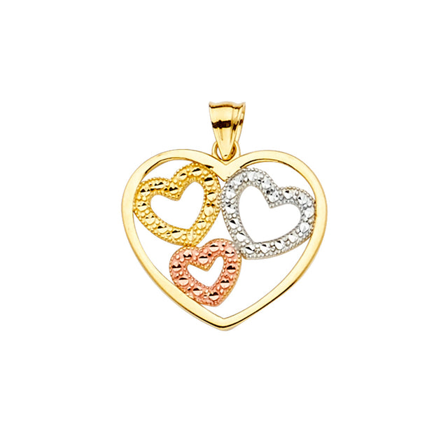 14K Tricolor Gold Heart Frame with Three Hearts Pendant