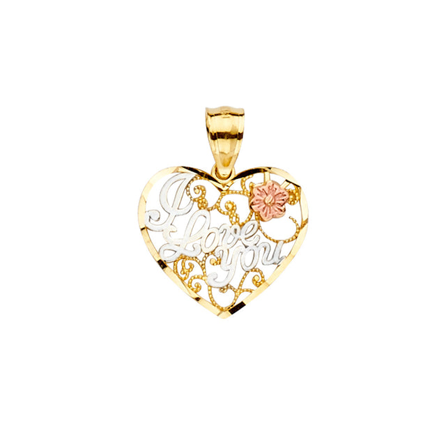 14K Tricolor Gold "I Love You" Heart with Flowers Pendant