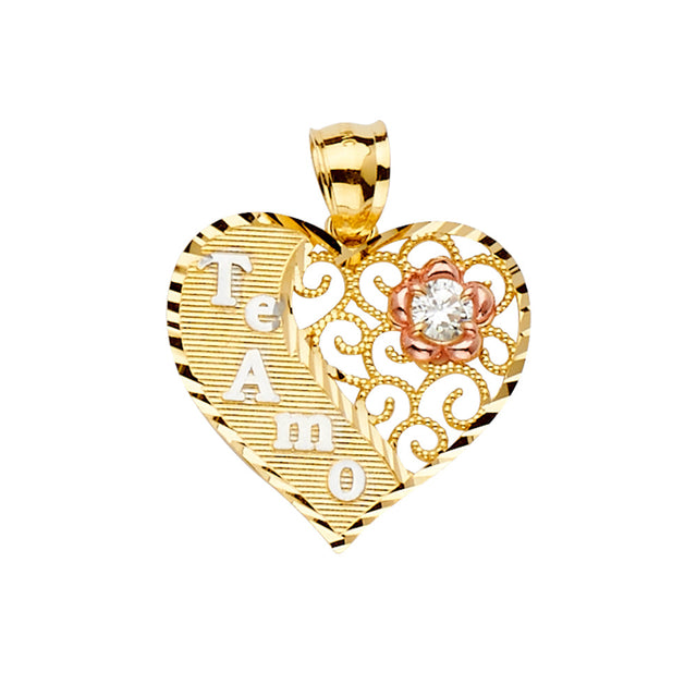14K Tricolor Gold Te Amo Flower Heart Pendant