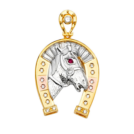 14K Tricolor Gold Horse Head in Horseshoe Pendant