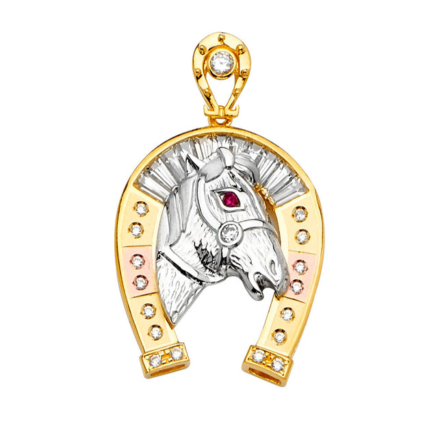 14K Tricolor Gold Horse Head in Horseshoe Pendant