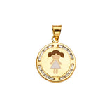 14K Yellow Gold Enamel Girl Medallion Pendant