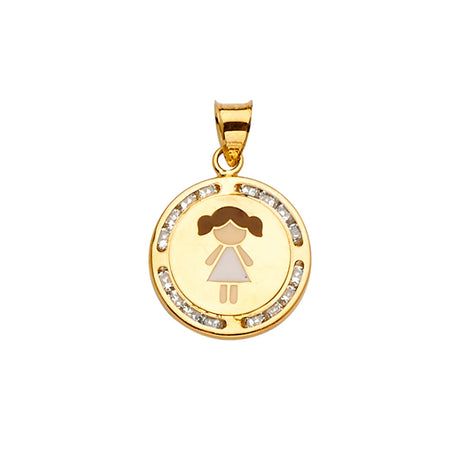 14K Yellow Gold Enamel Girl Medallion Pendant