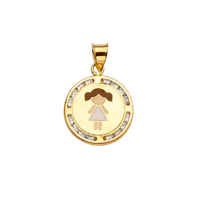 14K Yellow Gold Enamel Girl Medallion Pendant