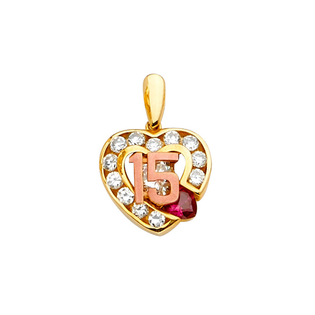 14K Yellow Gold CZ 2Tone 15Years / Half Set Pendant