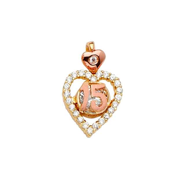 14K Yellow Gold CZ 2Tone 15Years / Half Set Pendant