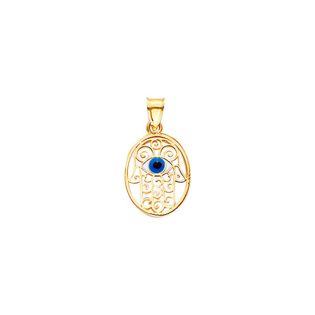 14K Yellow Gold Evil Eye Hamsa Oval Medal on Mother-of-Pearl