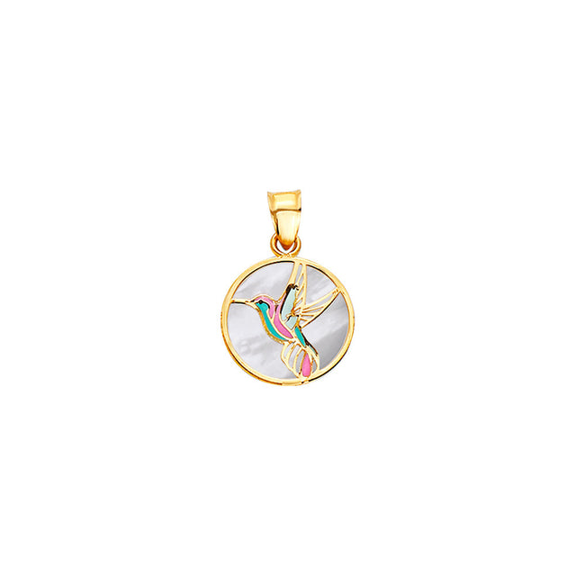 14K Yellow Gold Hummingbird Round Medal on Mother-of-Pearl