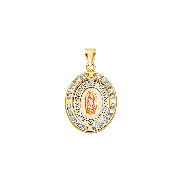 14K Tricolor Gold Nuestra Boda Guadalupe Oval Pendant