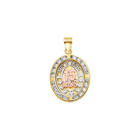 14K Tricolor Gold CZ Oval 15 Anos Pendant