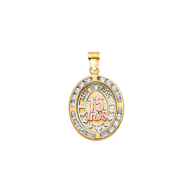 14K Tricolor Gold CZ Oval 15 Anos Pendant