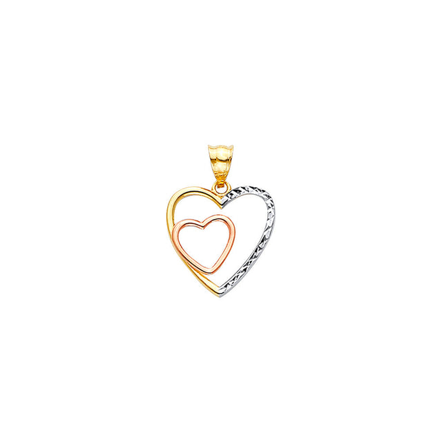 14K Tricolor Gold Diamond-Cut Double Heart Pendant