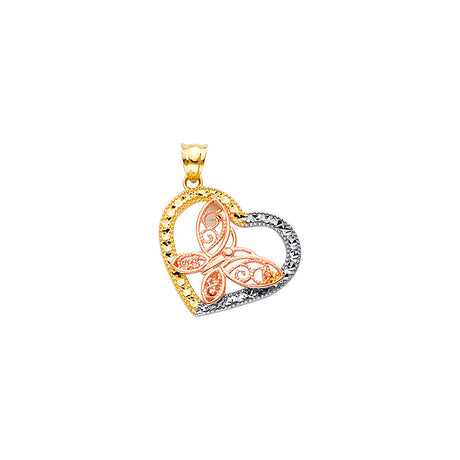 14K Tricolor Gold Pink Butterfly Heart Pendant