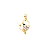 14K Tricolor Gold Heart with Hawaiian Flower Pendant