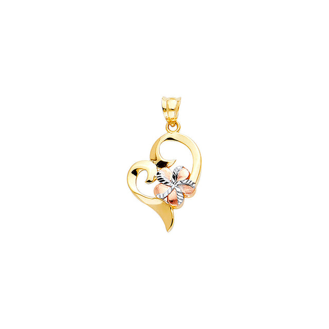 14K Tricolor Gold Heart with Hawaiian Flower Pendant
