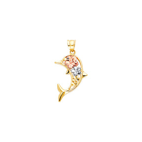 14K Tricolor Gold Dolphin with Hawaiian Flower Pendant