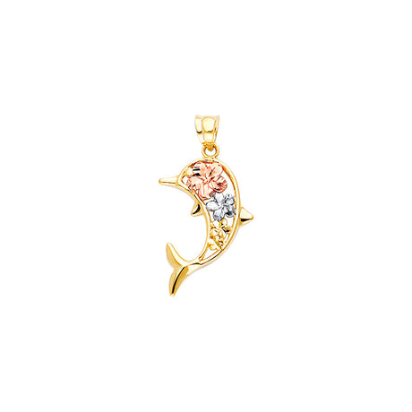 14K Tricolor Gold Dolphin with Hawaiian Flower Pendant