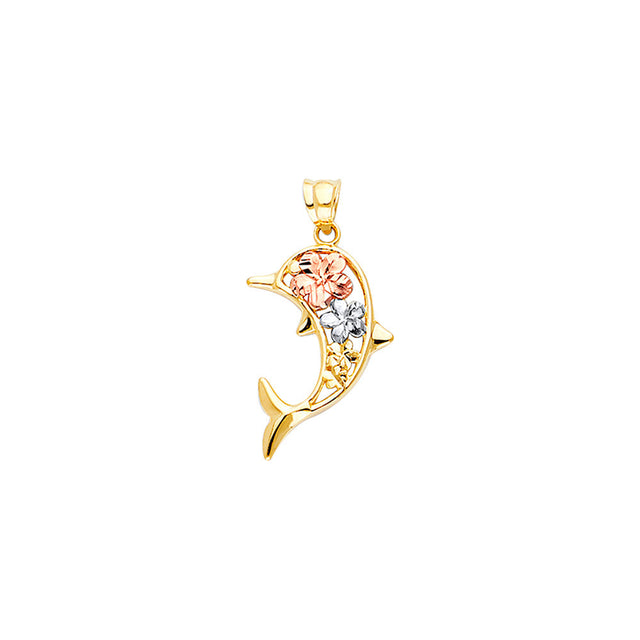 14K Tricolor Gold Dolphin with Hawaiian Flower Pendant