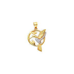 14K Yellow Gold Hummingbird with Flower Pendant