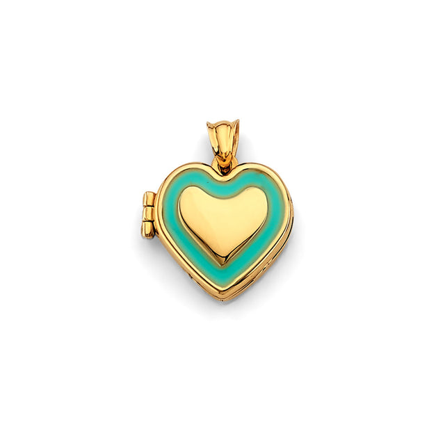14K Yellow Gold Turquoise Enamel Heart Locket Pendant