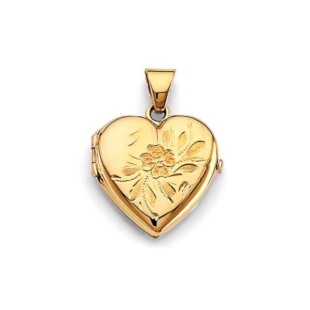 14K Yellow Gold Small Floral Heart Locket Pendant