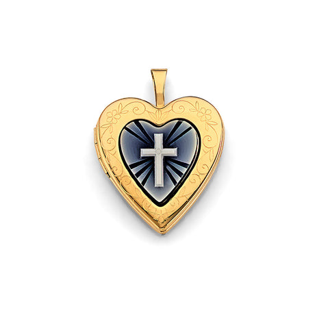 14K Yellow Gold Heart Locket Pendant with Cross Pendant