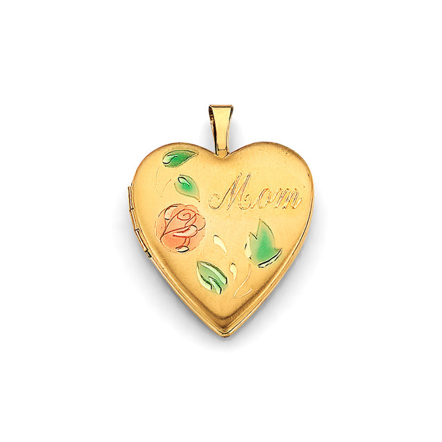 14K Yellow Gold Mom Enamel Heart Locket Pendant
