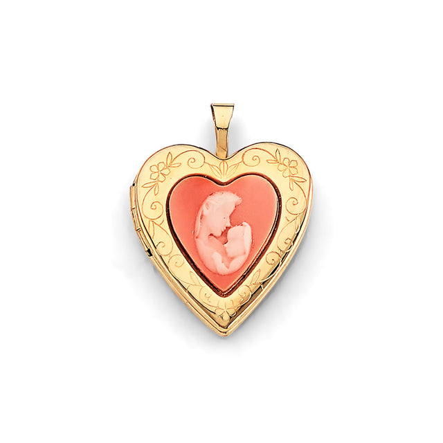 14K Yellow Gold Mother & Baby Enamel Heart Locket Pendant