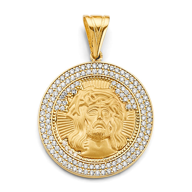 14K Yellow Gold Round Jesus Face Pendant
