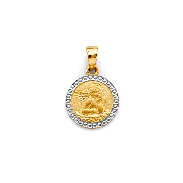 14K Two-Tone Gold Round Angel Pendant