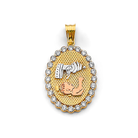 14K Tricolor Gold CZ Oval Baptism Pendant