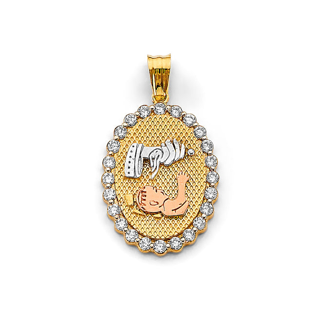 14K Tricolor Gold CZ Oval Baptism Pendant