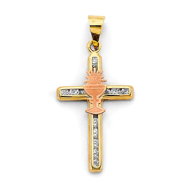 14K Two-Tone Gold CZ First Communion Pendant